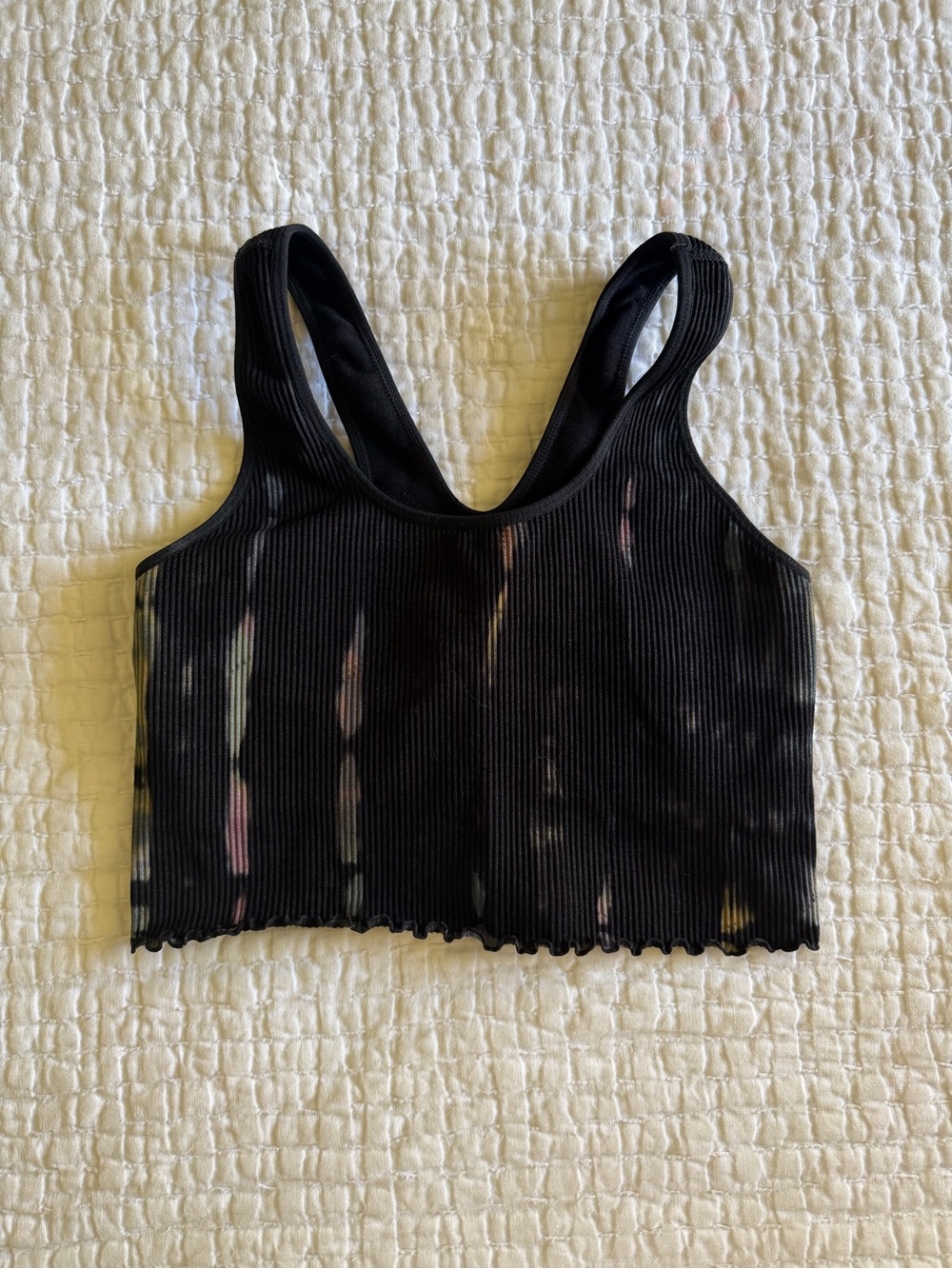 Spiritual Gangster Black Ribbed Crop Tank with Pastel Tie-Dye Streaks
